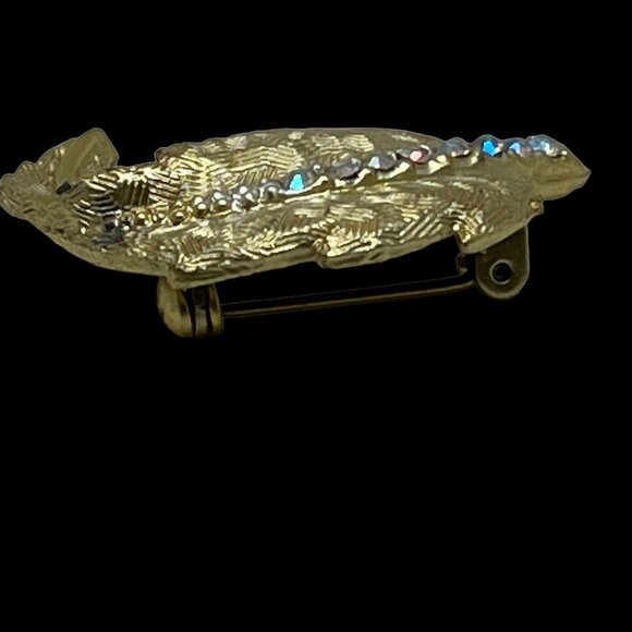 Vintage‎ AB Leaf Brooch Brushed Gold Tone Pin with Aurora Borealis Stones - Picture 10 of 10
